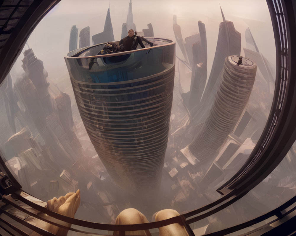 Futuristic cityscape view from high circular window