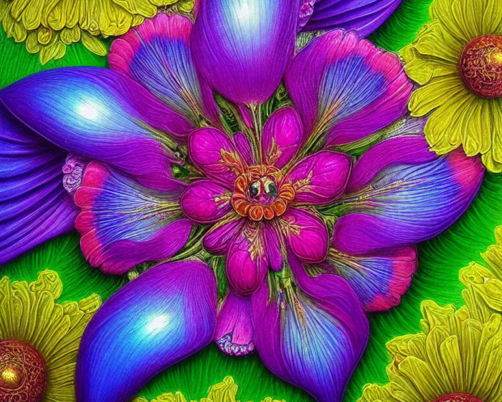 Colorful Stylized Flower Artwork in Rich Purples, Blues, and Yellows