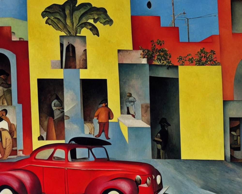 Colorful surrealist painting with distorted perspective of buildings, car, and figures.