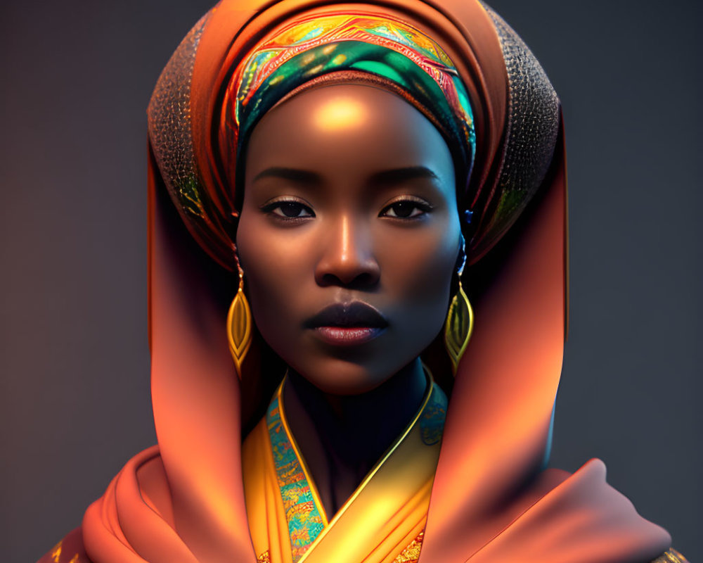 Vibrant multicolored headscarf woman portrait on dark background