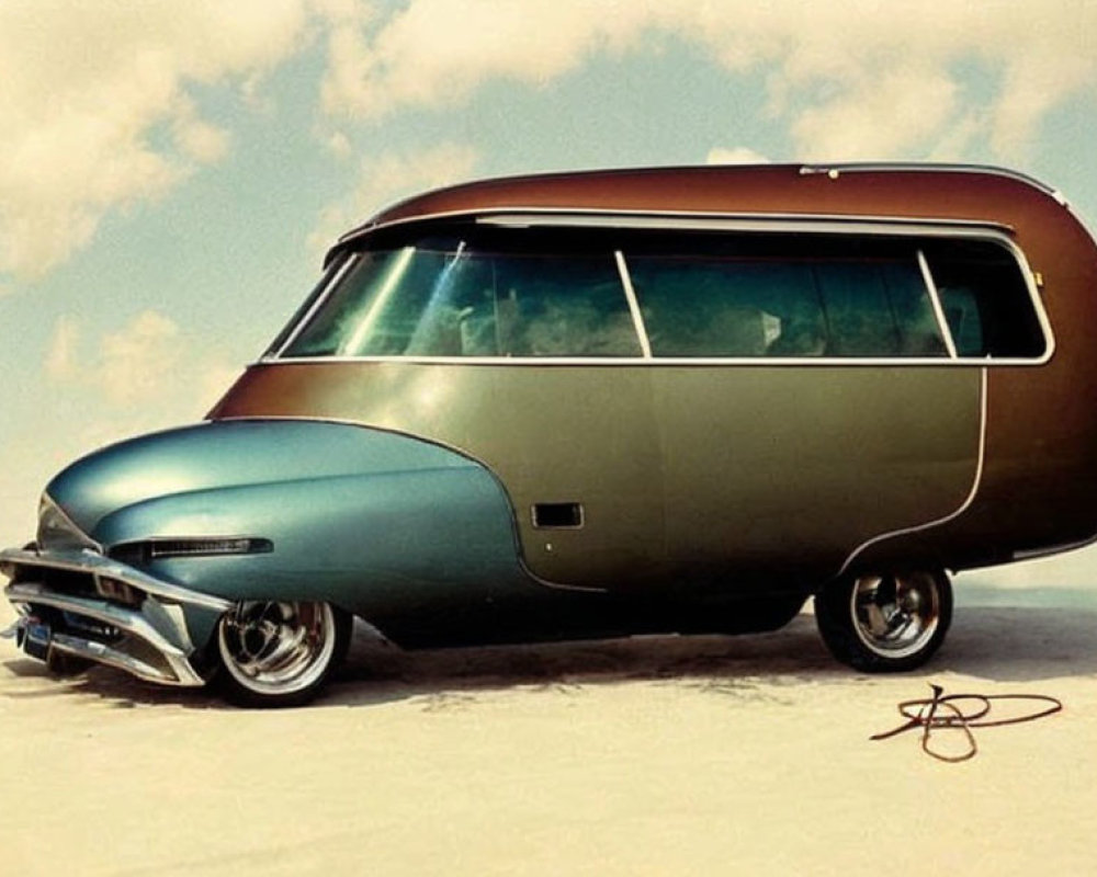 Vintage Futuristic-Style Vehicle with Oversized Cabin and Teal to Brown Gradient Paint Job on Sandy