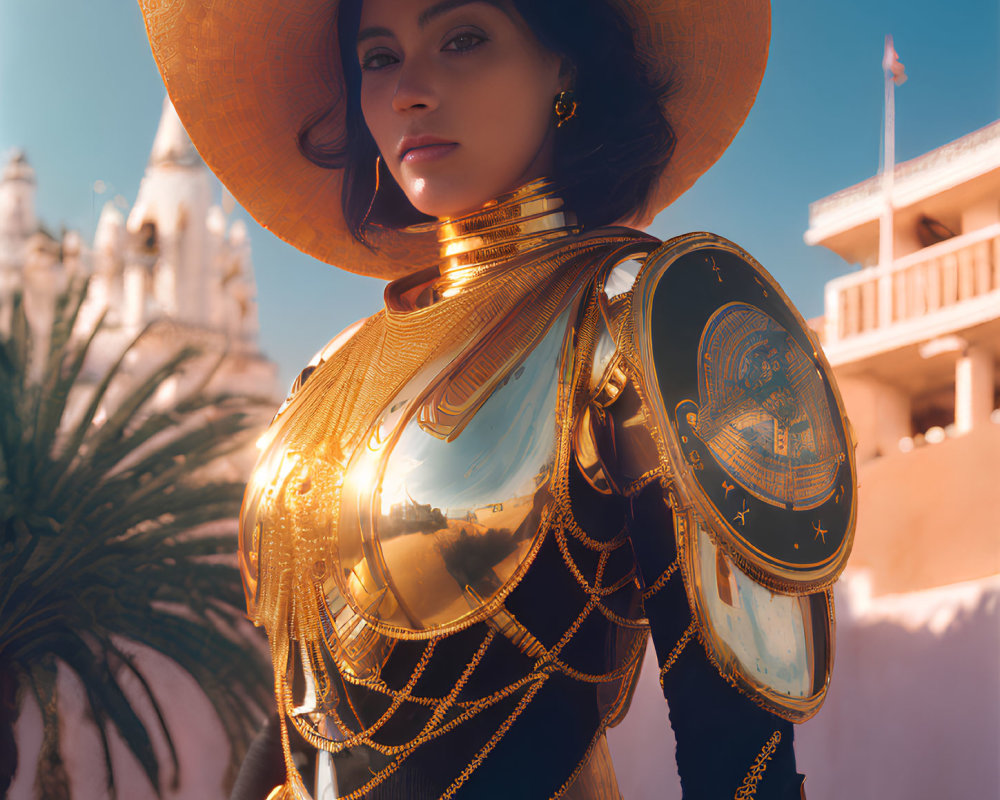 Woman in golden armor and wide-brimmed hat with historic building and palm tree.