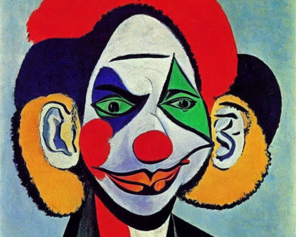 Vibrant abstract painting featuring a clown with geometric shapes and bold lines