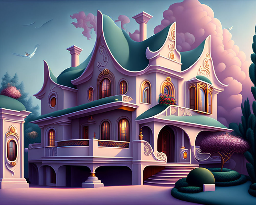 Whimsical house with curved roofs and ornate windows