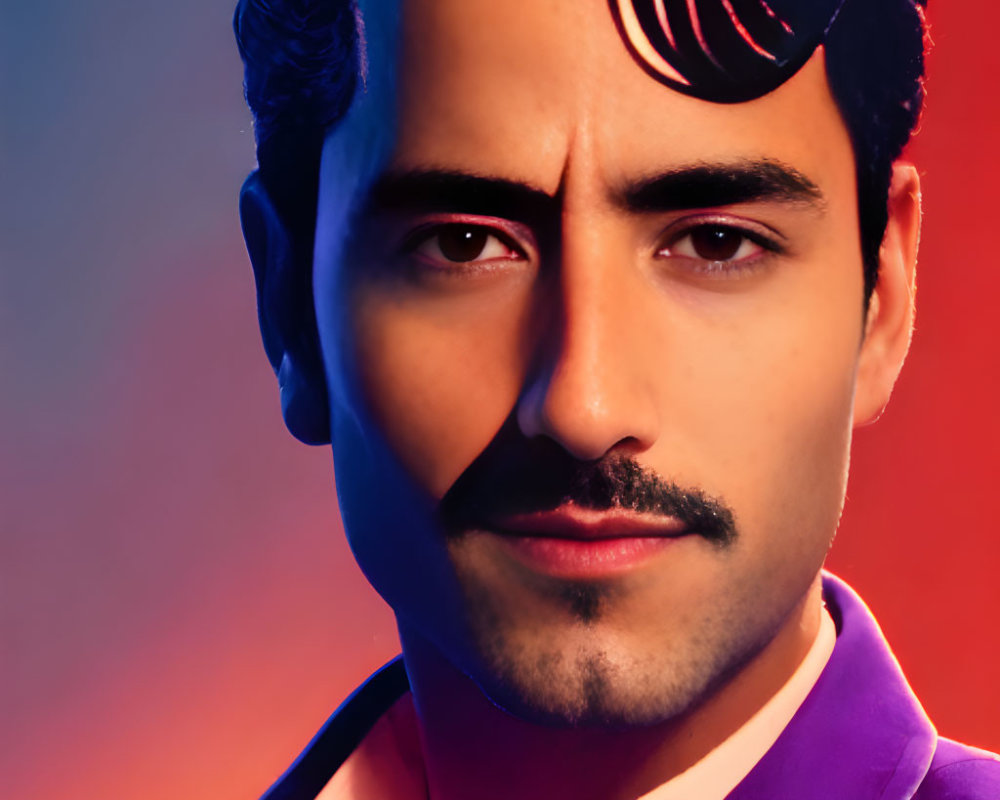 Confident man with mustache in purple jacket on red-orange background