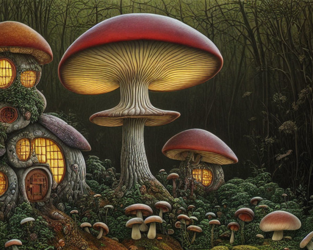 Fantasy mushroom village in lush forest setting