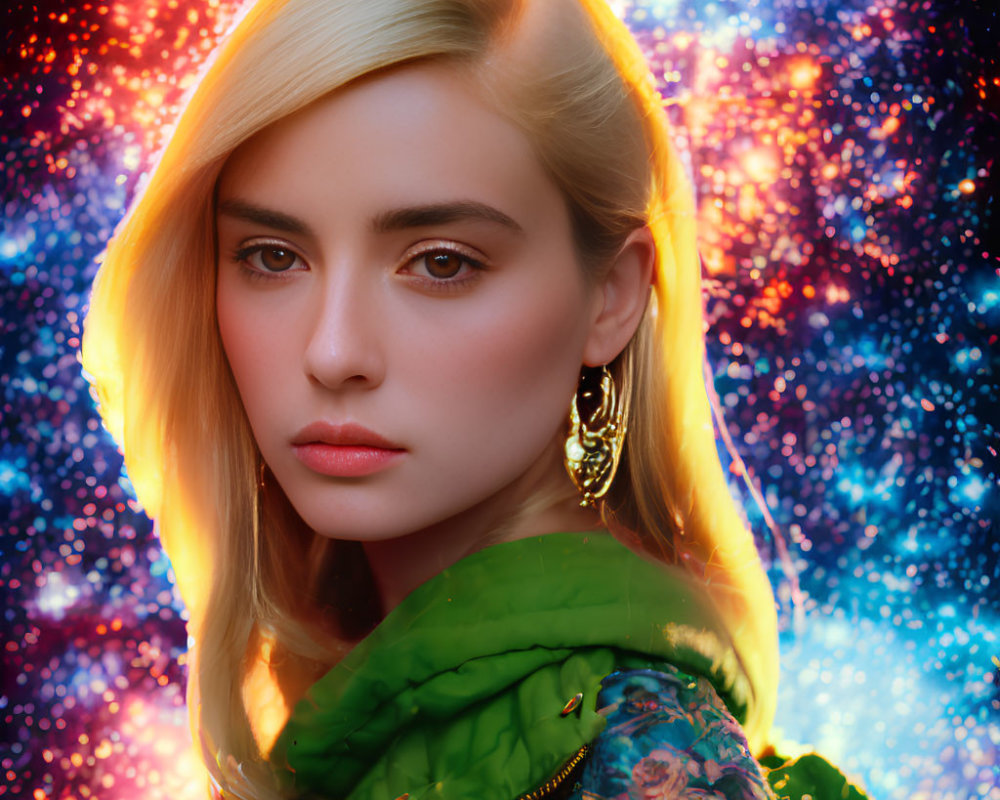 Blonde woman in green jacket with earring on cosmic backdrop