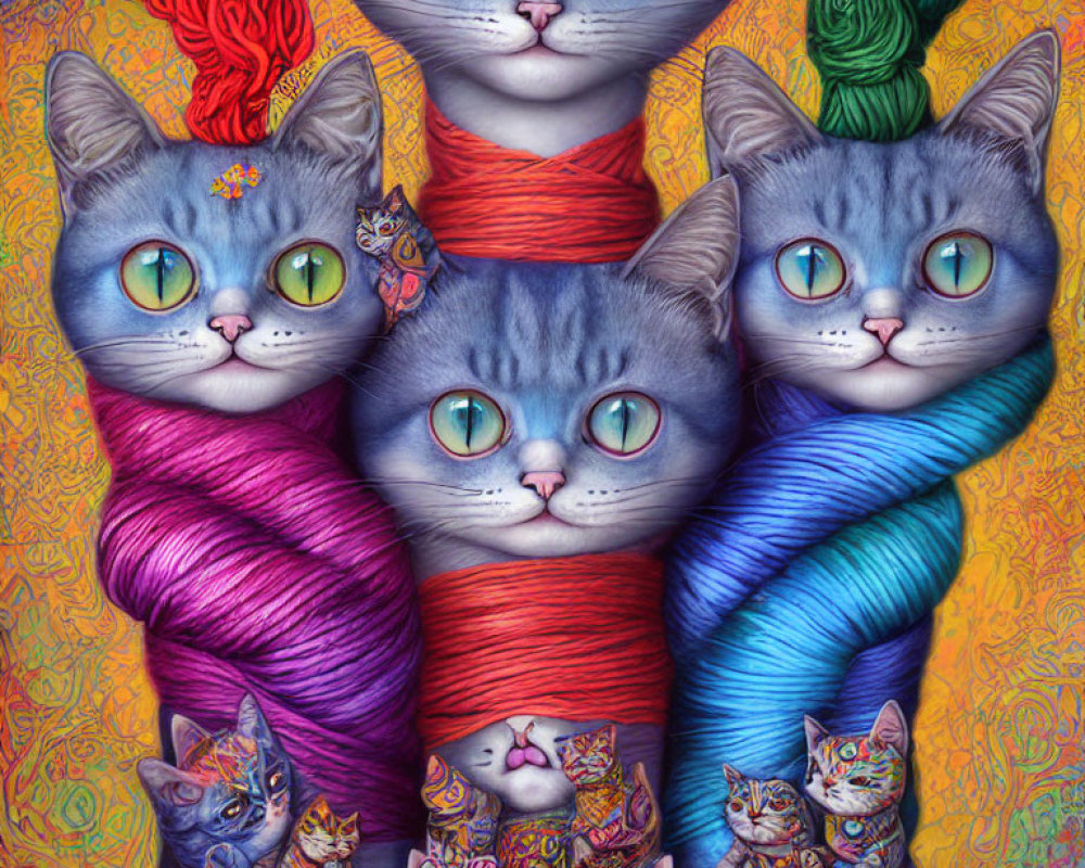 Colorful Whimsical Cats Wrapped in Yarn and Kittens - Detailed Background