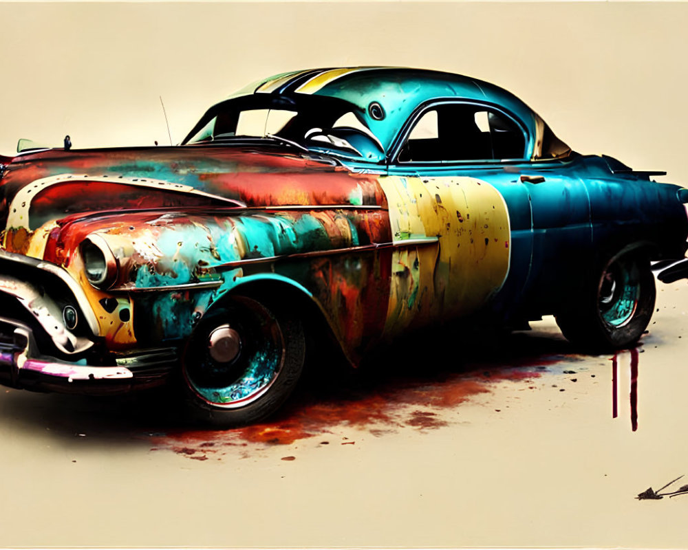 Vintage Car with Rust Patina and Vibrant Paint Job