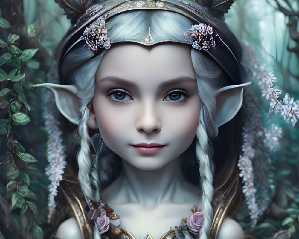 Fantastical elf with blue eyes in floral woodland