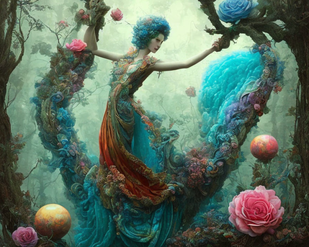 Surreal artwork: Woman with blue hair in fantastical forest