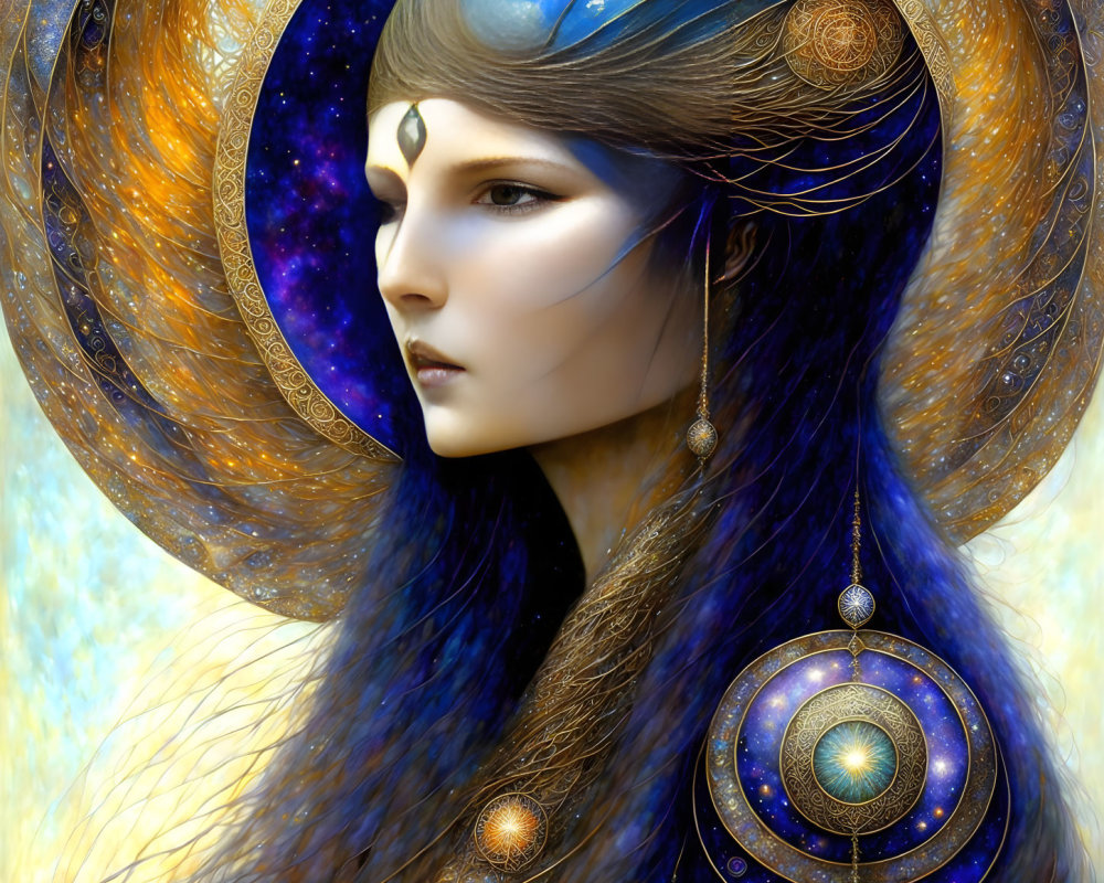 Mystical female figure with cosmic-themed headdress and blue hair