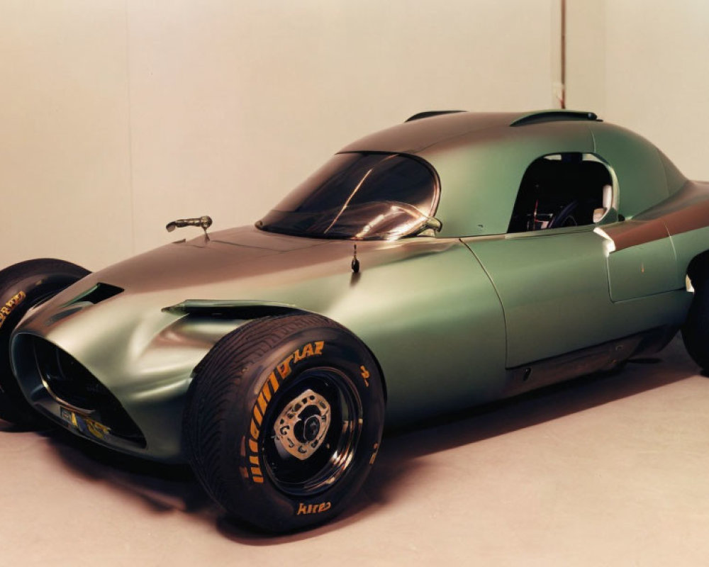 Vintage Green Race Car with Streamlined Design and Black Racing Tires