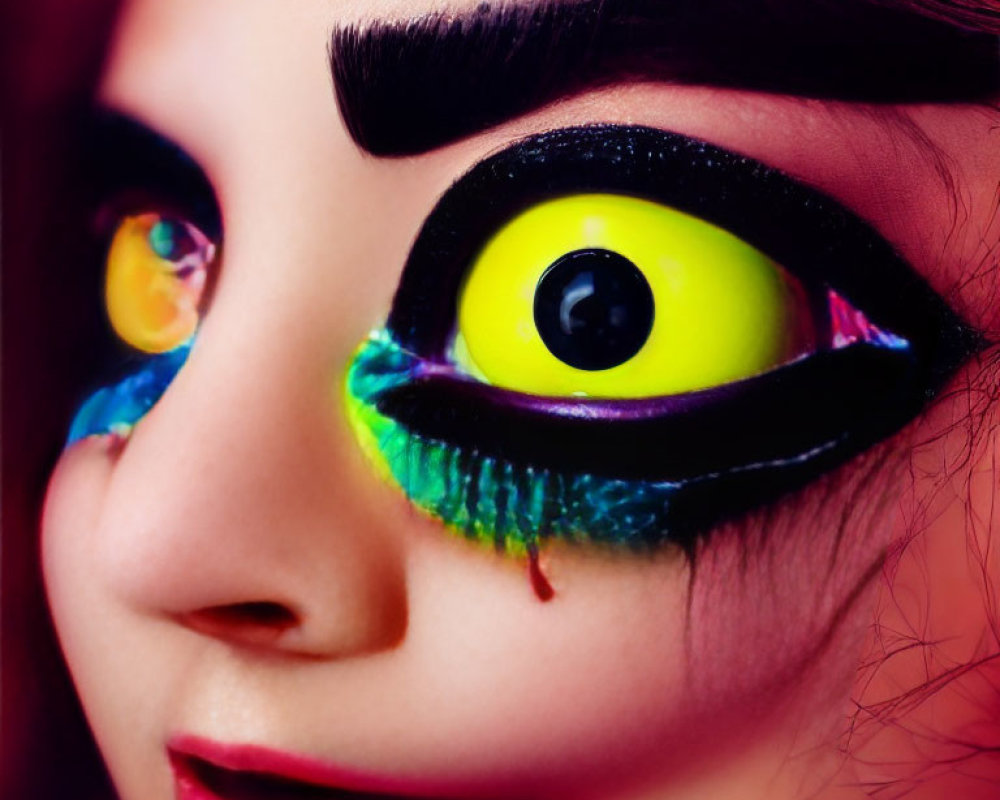 Detailed close-up of vibrant yellow eye makeup with faux eyelashes and colorful eyeshadows