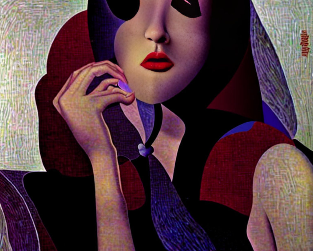 Colorful abstract portrait of a woman with mask and vibrant lips against textured backdrop