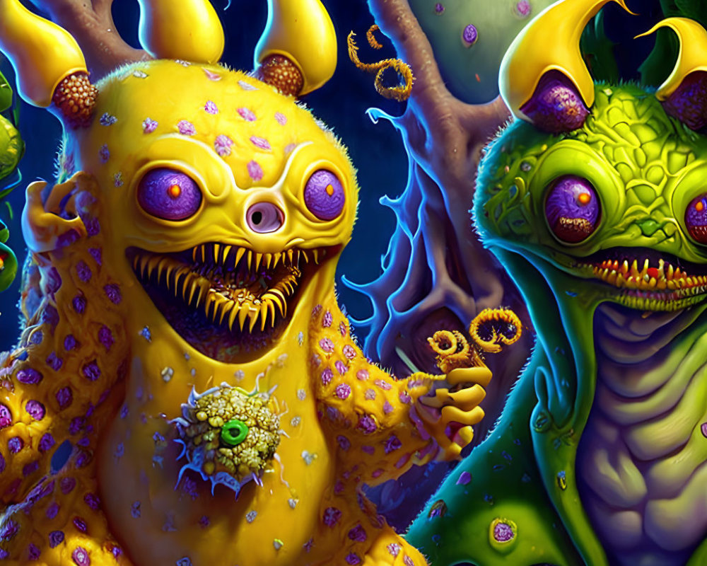 Vibrant yellow and green monstrous creatures with tentacles and textured skin on dark background