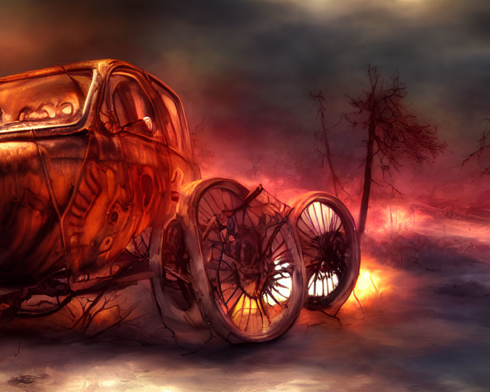 Apocalyptic vehicle with skeletal wheels in bleak landscape