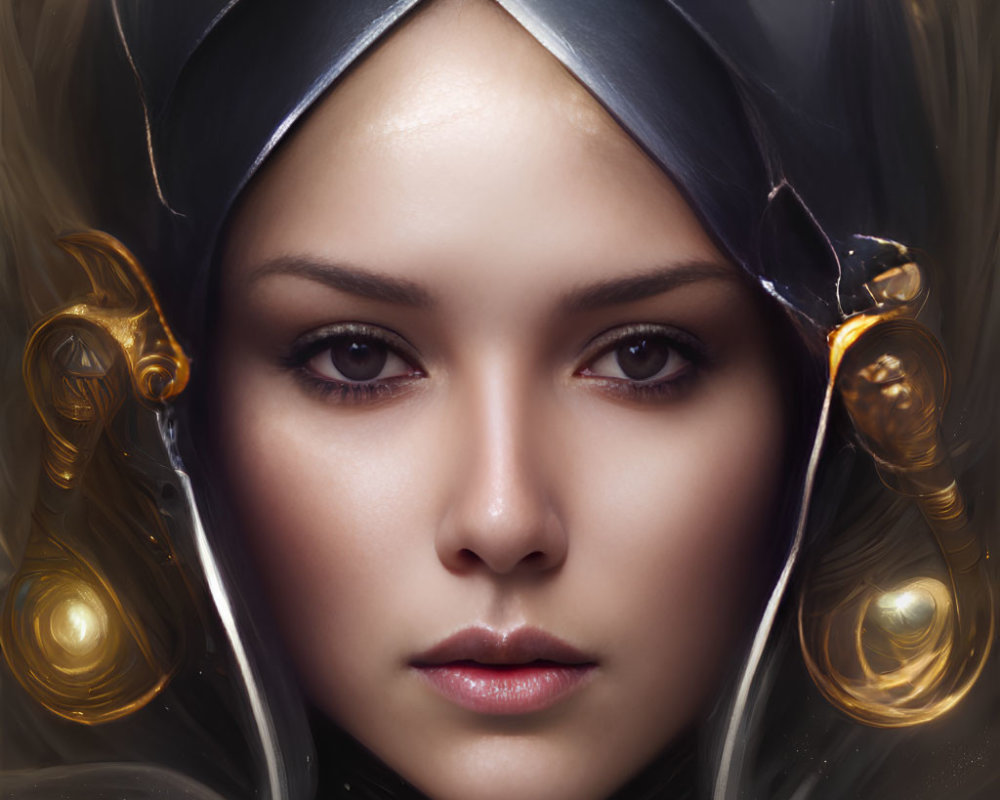 Futuristic digital portrait of woman with golden earpieces