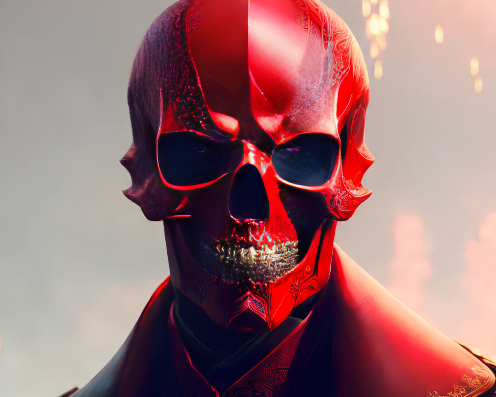 Intricate red skull with dark patterns on soft-focus background