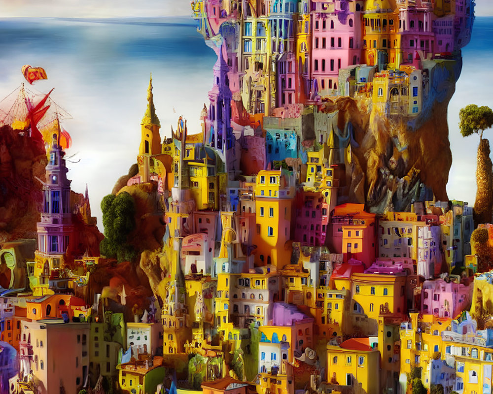 Colorful, whimsical cityscape on cliff under dreamy sky