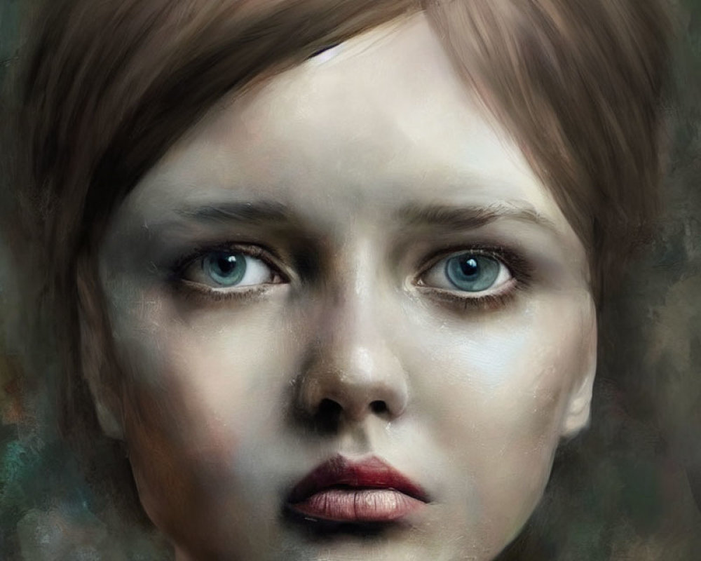 Young girl digital portrait with blue eyes and brown hair on textured background