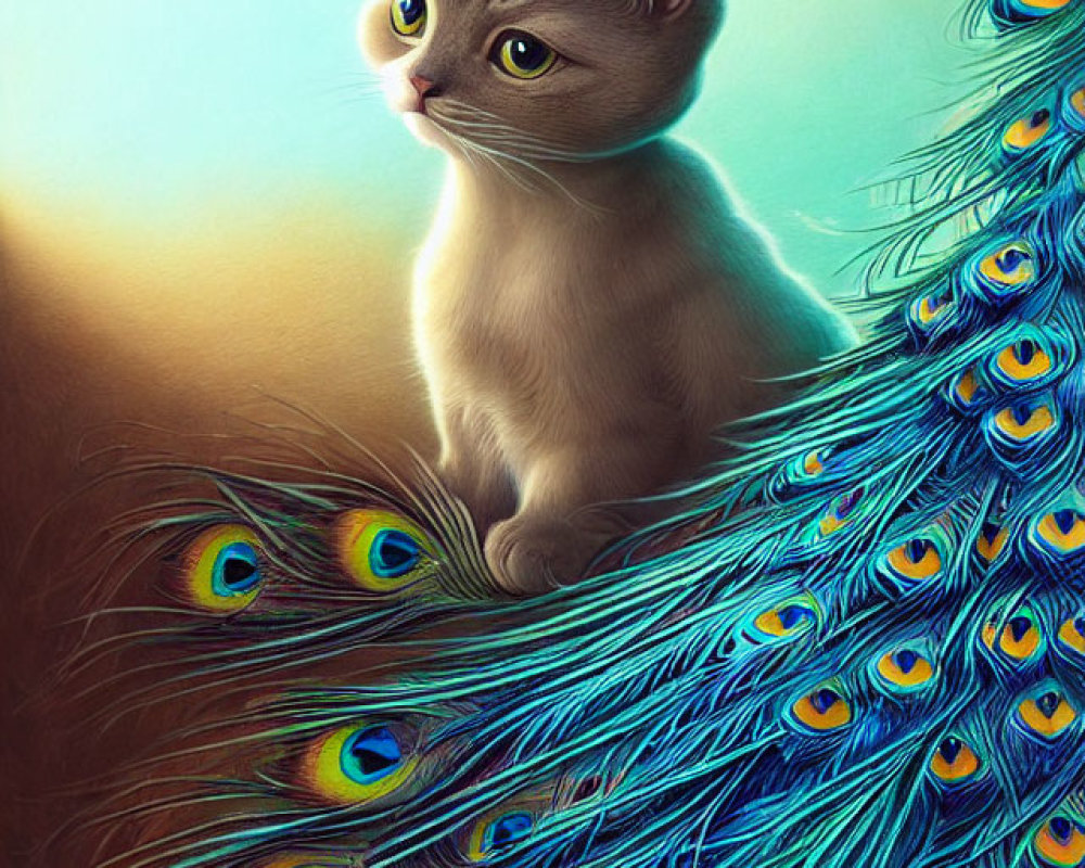 Colorful cat illustration with peacock feather tail