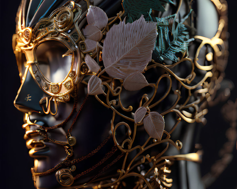 Mechanical head with floral elements and gold gears in dramatic lighting