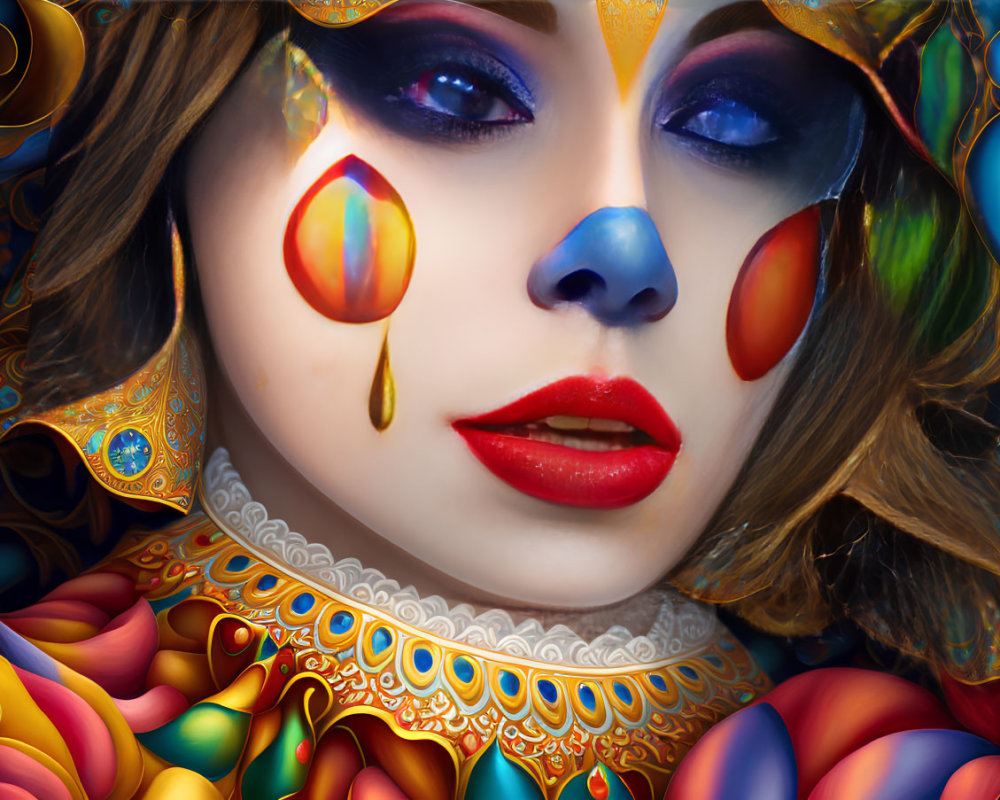 Colorful woman with vibrant makeup in blue eyeshadow and red lips among ornamental designs