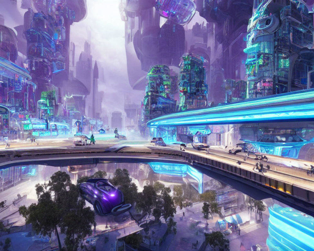 Futuristic cityscape with towering skyscrapers and flying vehicles under a purple-hued sky