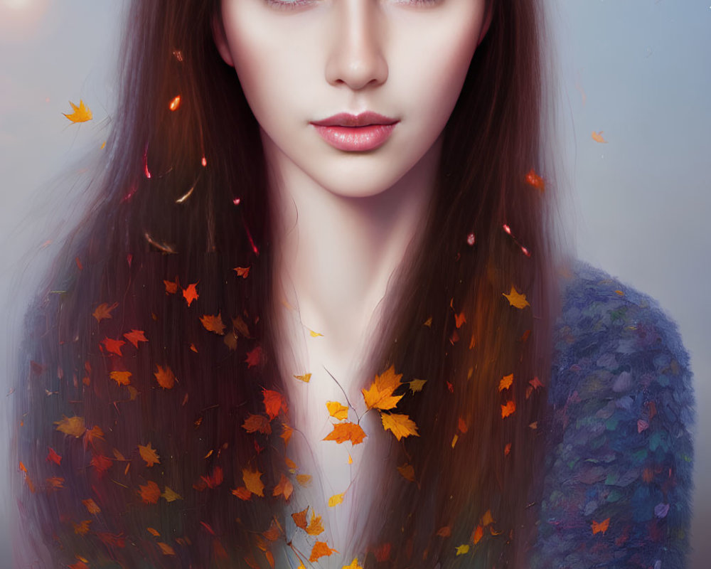 Young woman digital artwork with long hair and autumn leaves on colorful sweater