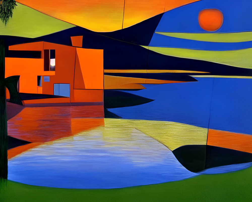 Colorful Abstract Landscape Painting with Orange House, Blue Water Reflections, Sun, and Terrain