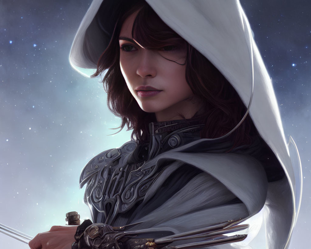 Digital portrait of woman in hooded cloak with blade glove, under starry sky