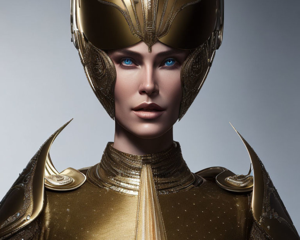 Ornate Golden Armor and Helmet with Piercing Blue Eyes