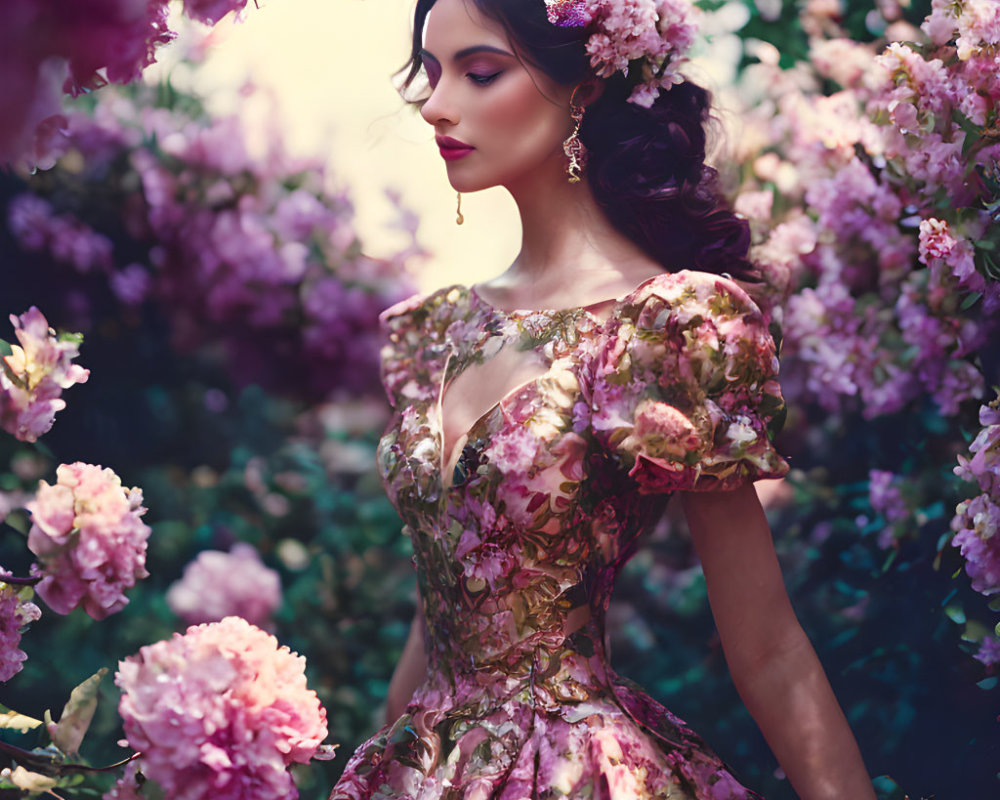 Woman in Floral Gown Blending with Blooming Garden