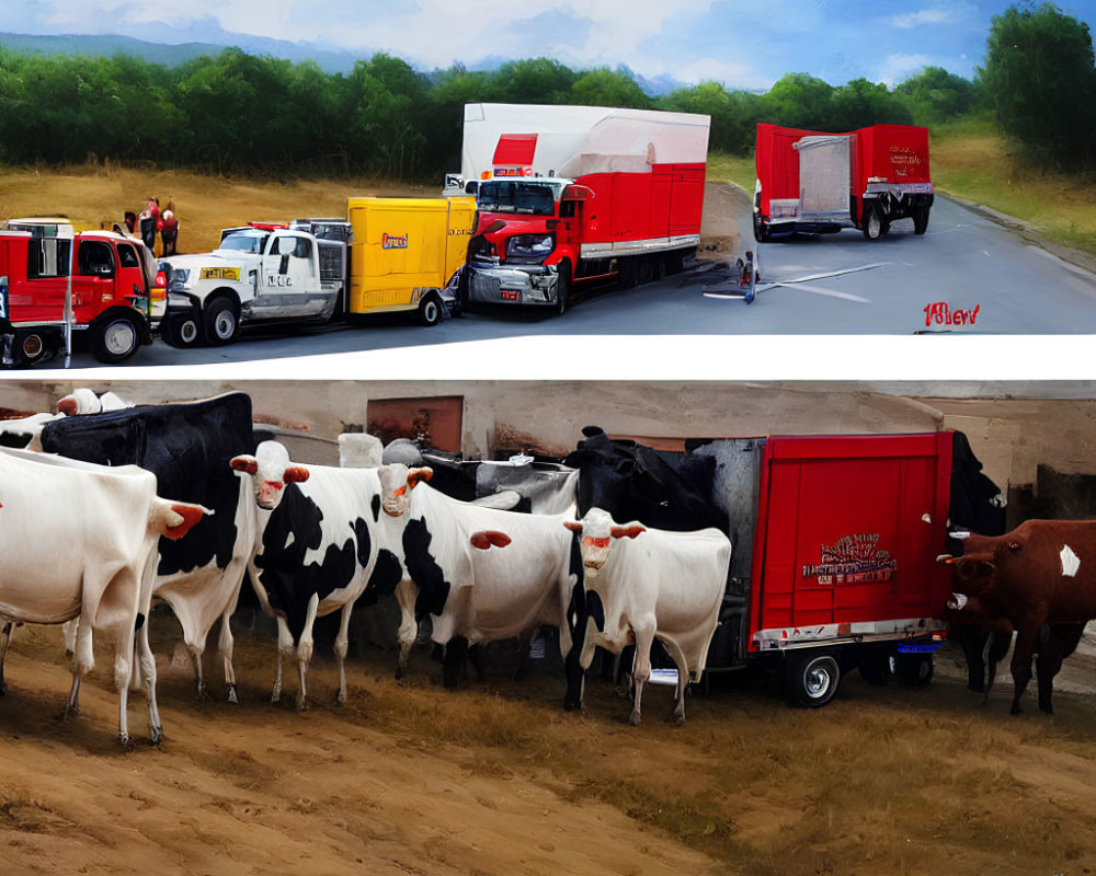 Surreal illustration: Cows painted on trucks in traffic scene