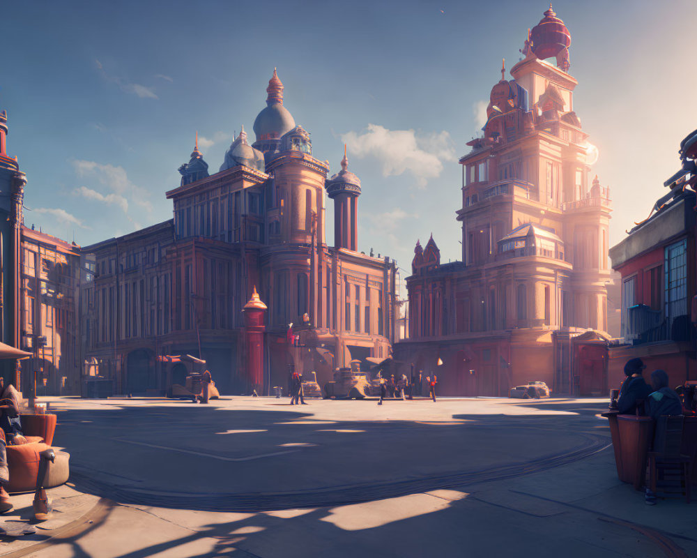 Sunlit Plaza with Ornate Buildings and People in a Clear Blue Sky