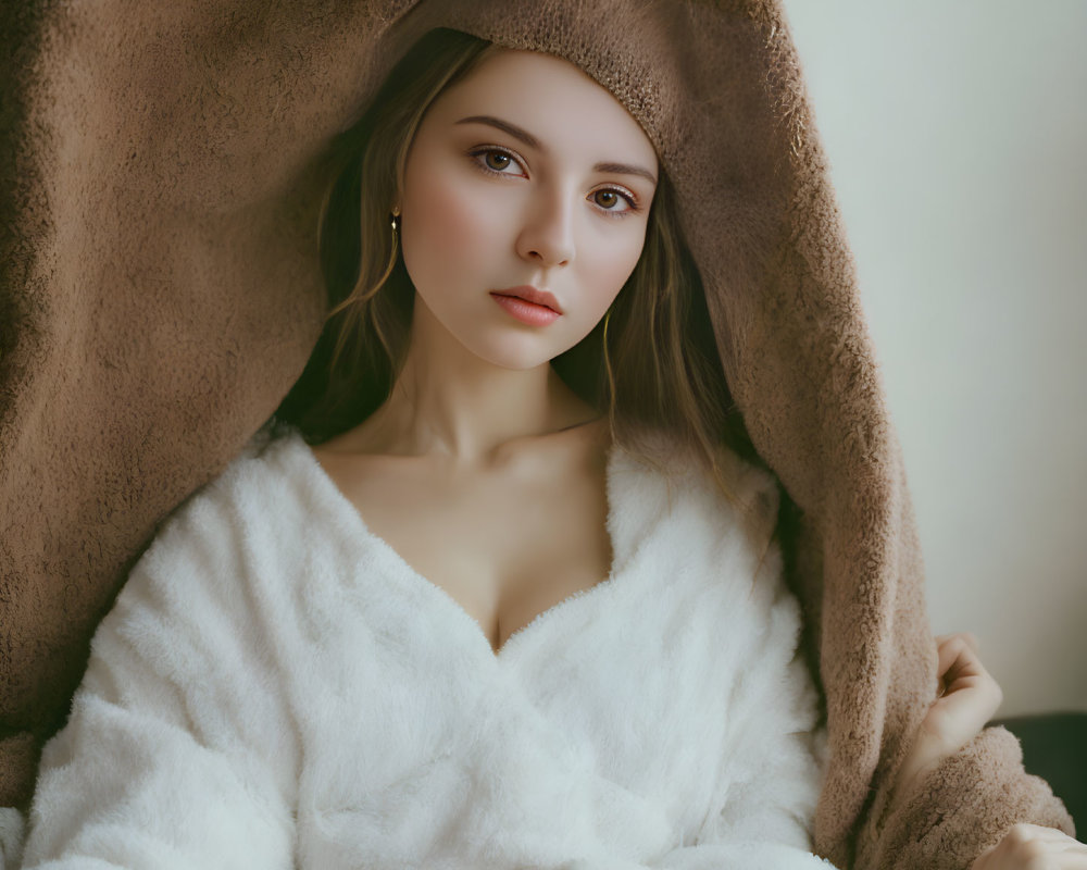 Long-haired woman in white fur coat and brown hat poses serenely.