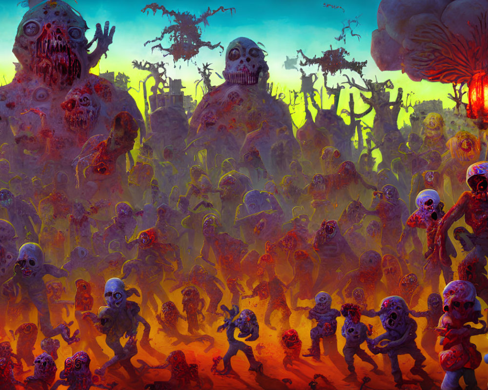 Grotesque zombies and monstrous figures under fiery sky