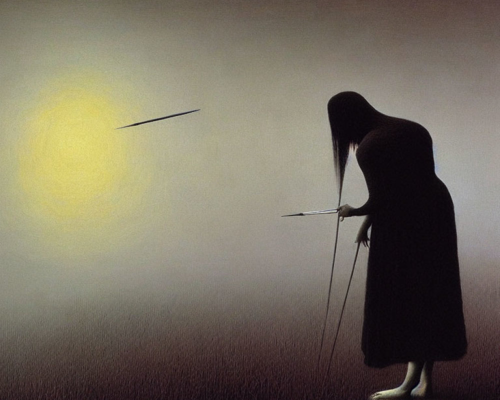 Surreal painting of figure with elongated limbs and no face, holding rod in misty backdrop