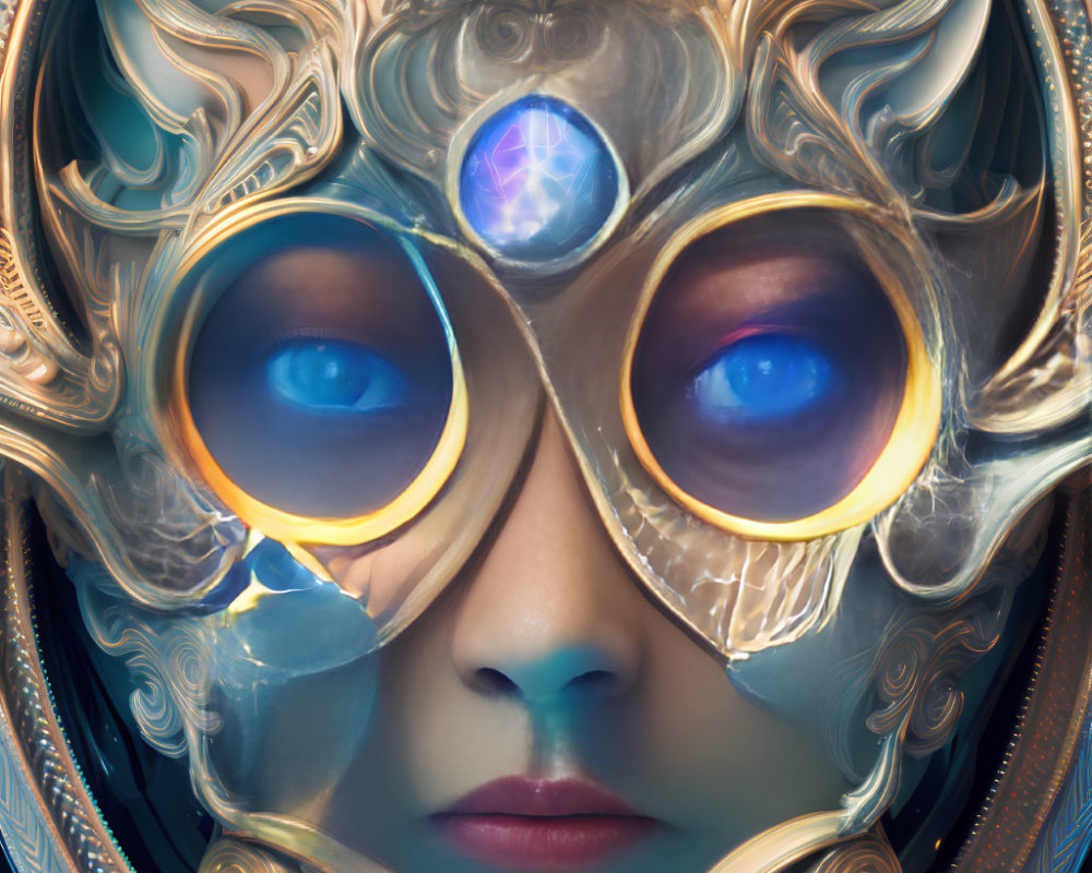 Intricate Golden Mask with Glowing Blue Eyes