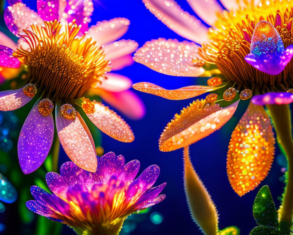 Close-up of dew-covered flowers with colorful glistening light and bokeh effect