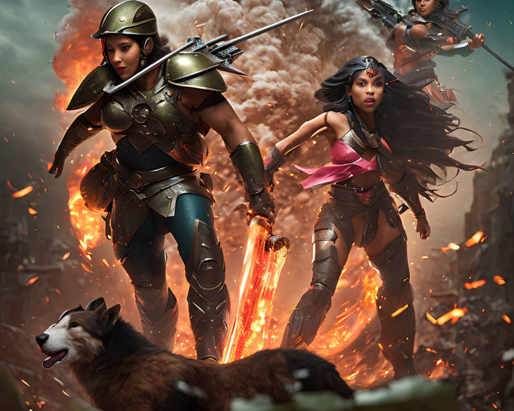 Female warriors in armor with glowing sword and dog amidst debris and fire