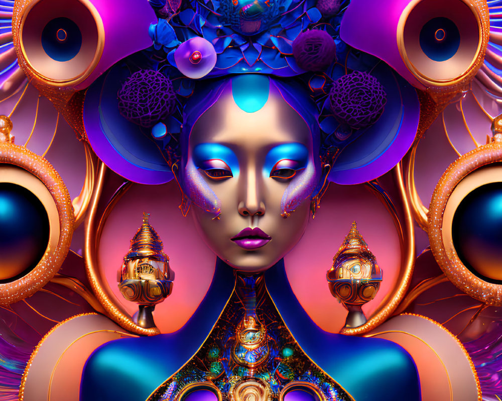 Digital artwork of female figure with blue skin and ornate gold and purple elements surrounded by intricate patterns.