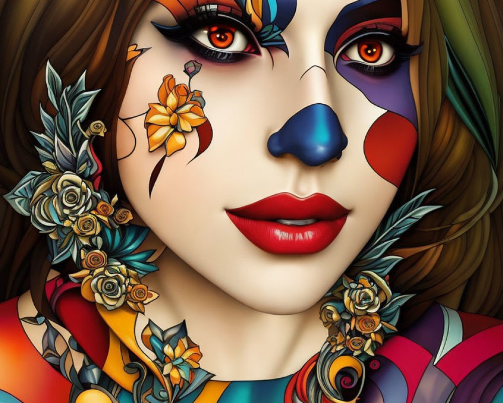 Colorful digital illustration: woman with artistic makeup and floral elements