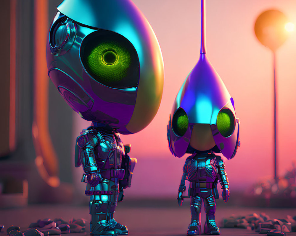 Futuristic humanoid robots under purple sky