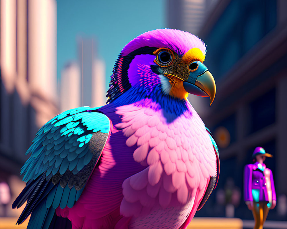 Colorful pigeon with purple and blue feathers in urban setting.