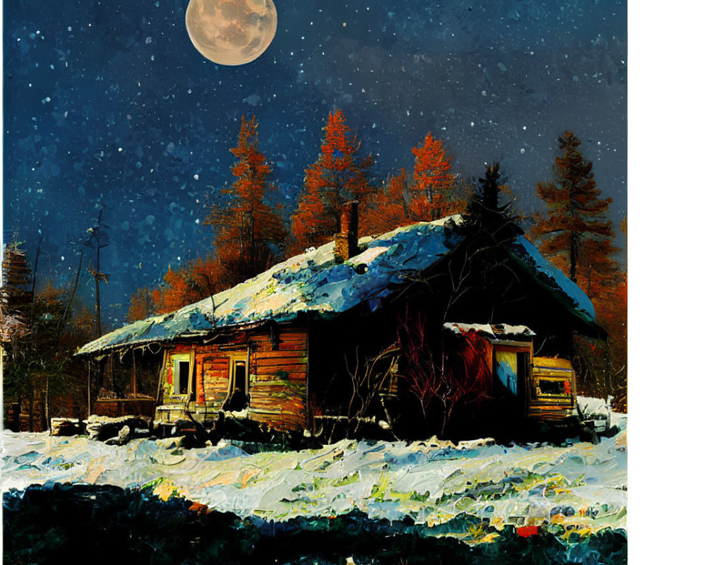 Snow-covered cabin under starry sky and full moon in serene night landscape.