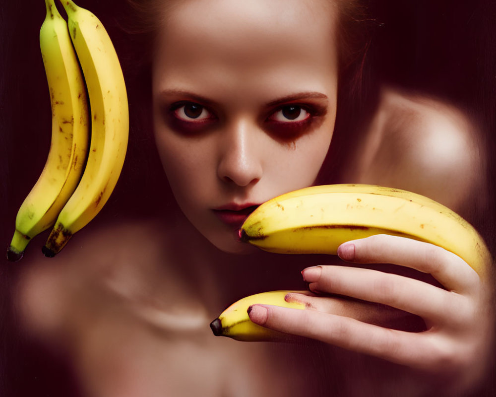 Striking red eye makeup person holding banana on dark background