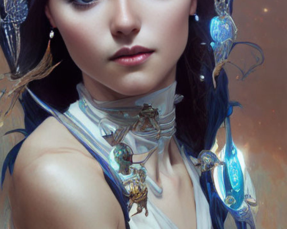 Futuristic headdress woman in contemplative pose