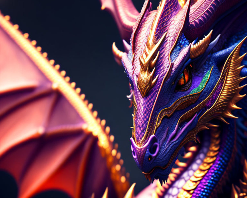 Detailed digital artwork: Majestic purple and gold dragon with intricate scales and piercing eyes on dark background